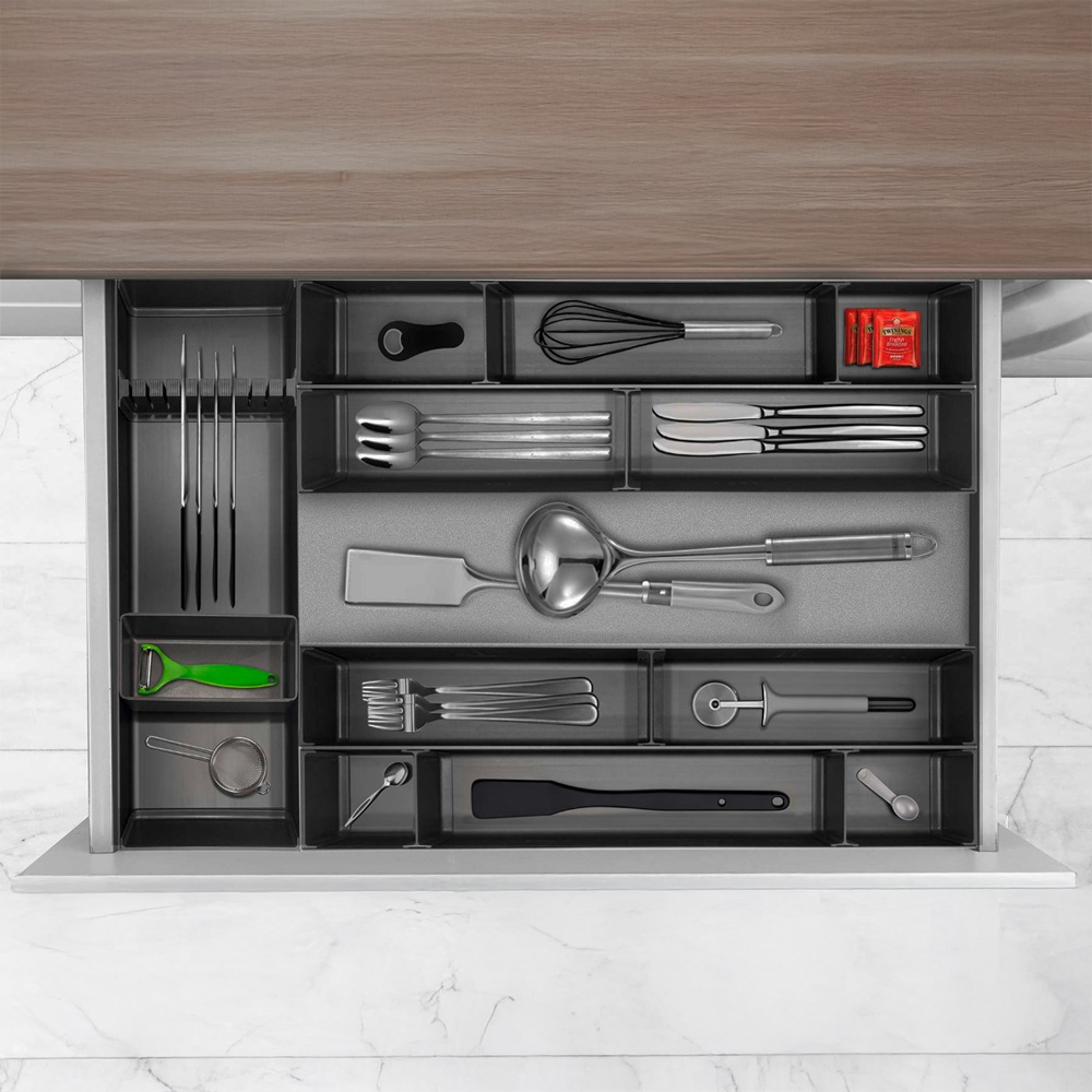 Cubertero REVEAL doble para cajón con 3 divisiones, de 472mm x 150mm, acabado aluminio anodizado antracita