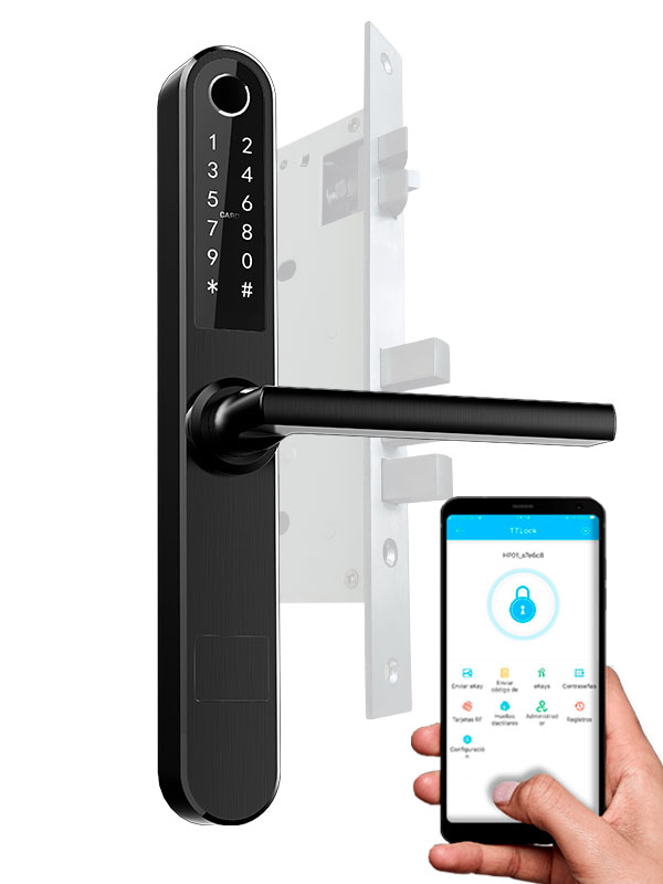 Cerradura inteligente TYR con manija y mecanismo para puerta exterior, color negro