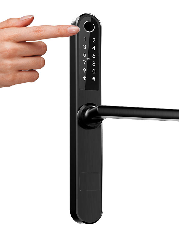 Cerradura inteligente TYR con manija y mecanismo para puerta exterior, color negro