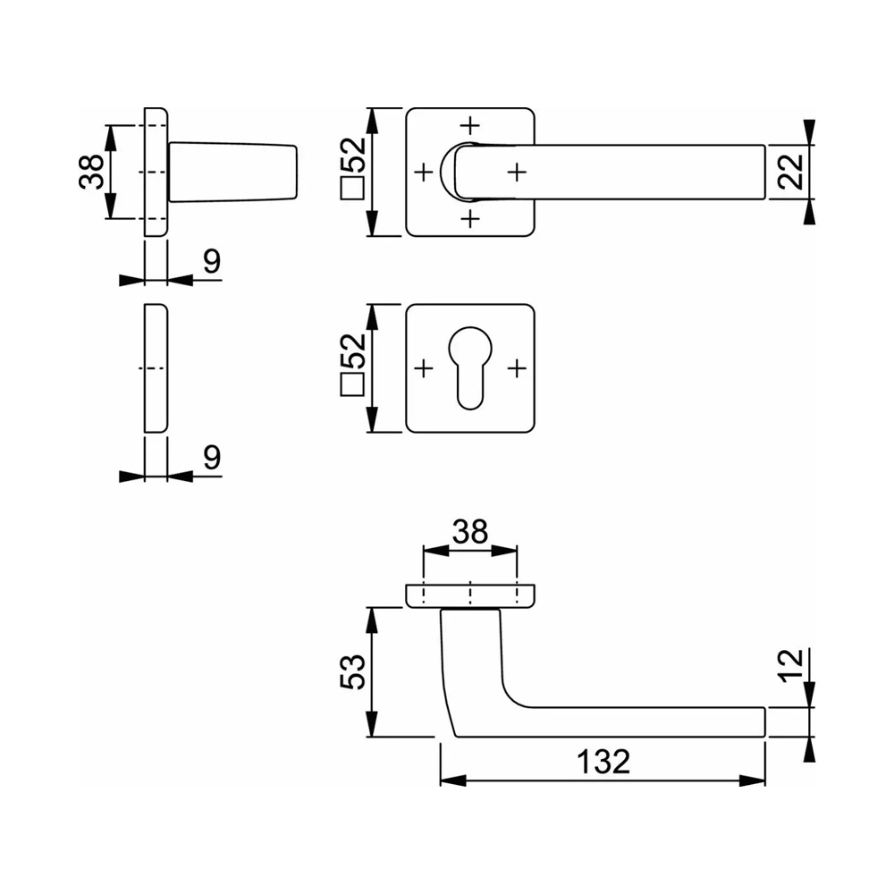 Set de manijas DALLAS y cerradura POLARIS para puerta de recámara, acabado inox mate