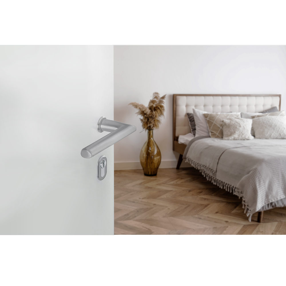 Manija STOCKHOLM para puerta de recámara, acabado acero inoxidable