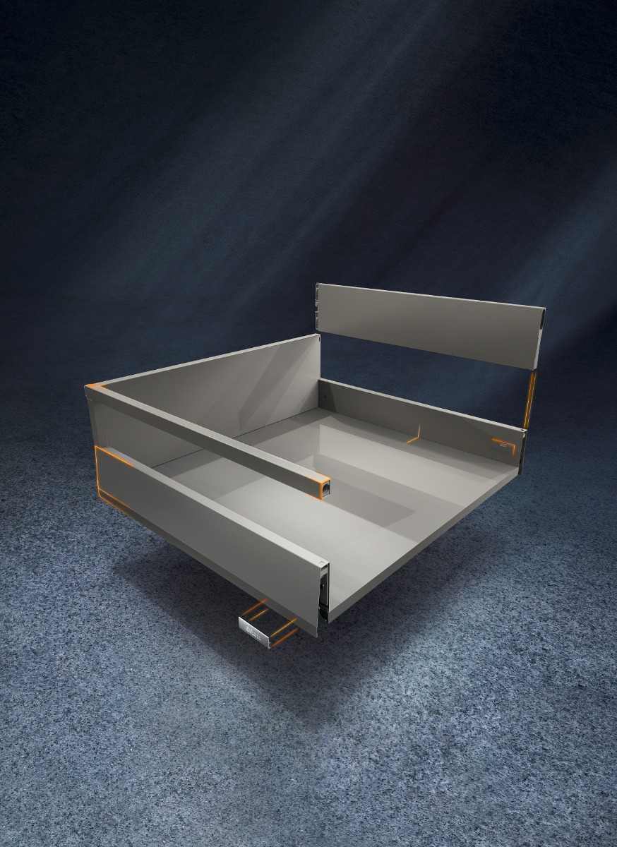 Cajón MERIVOBOX con galería altura E (192 mm), color gris indium mate