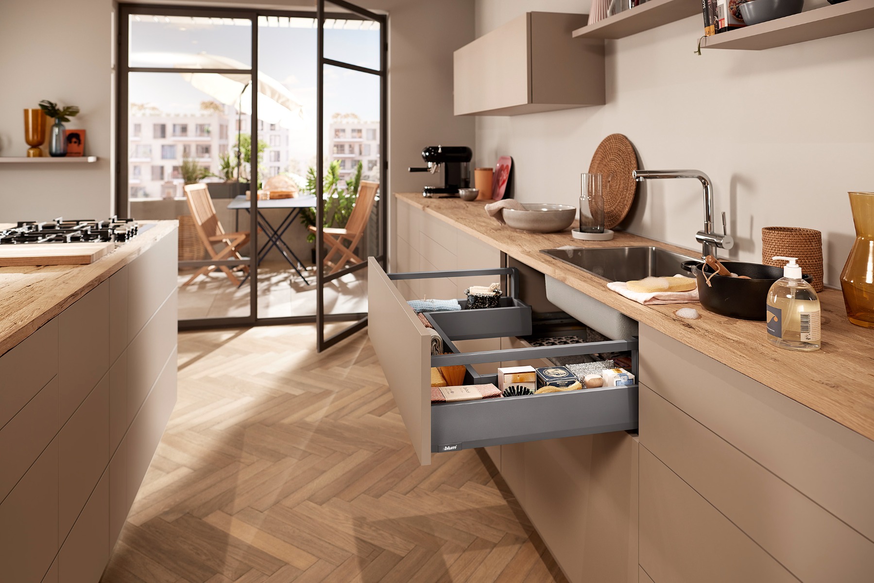 Cajón MERIVOBOX con galería altura E (192 mm), color gris orión mate