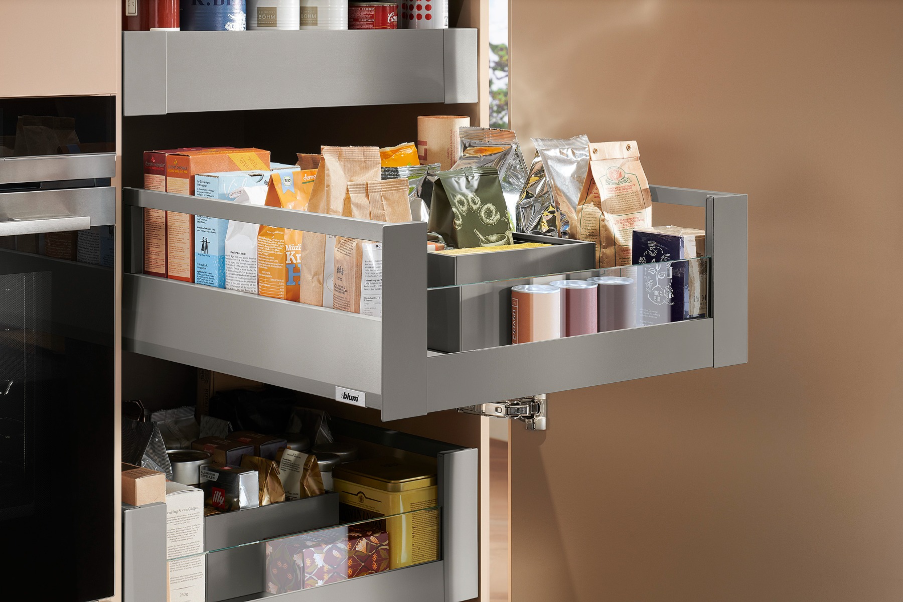 Cajón interior MERIVOBOX con Galería y cristal frontal bajo, altura E (192 mm), color gris indium mate