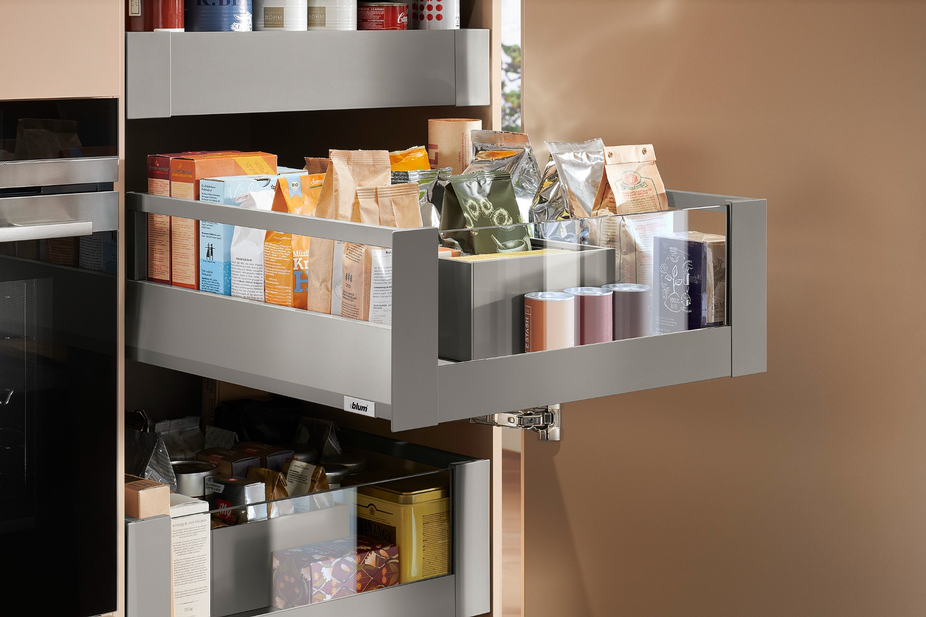 Cajon interior MERIVOBOX con Galería y cristal frontal alto, altura E (192 mm), color gris indium mate