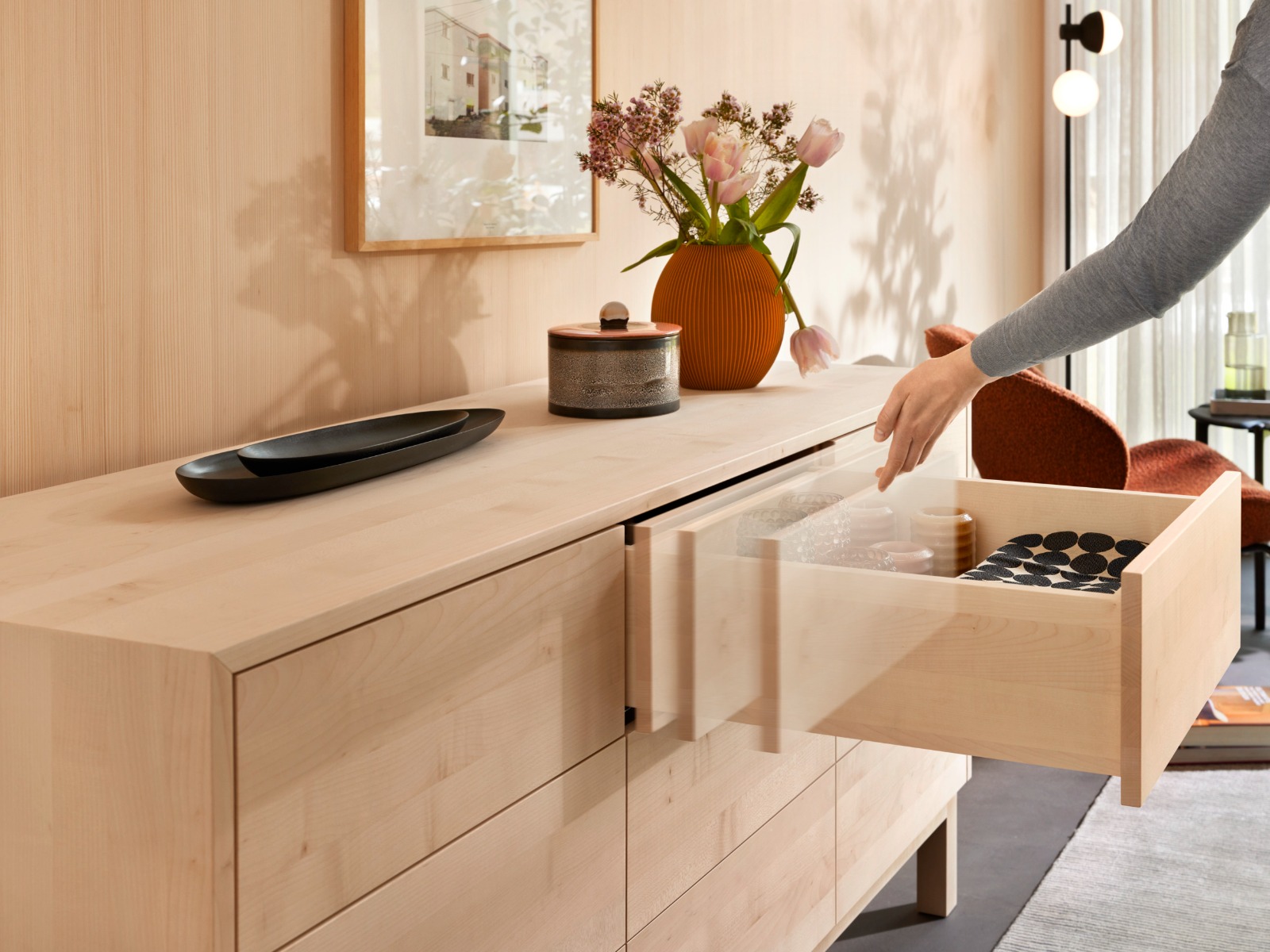 Correderas ocultas TANDEM PLUS con TIP-ON integrado, extensión total