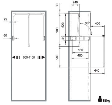 Mecanismo Colgador SUPER PRO, capacidad de carga 18 kg, ancho variable de 800 mm hasta 1100 mm, acabado gris aluminio