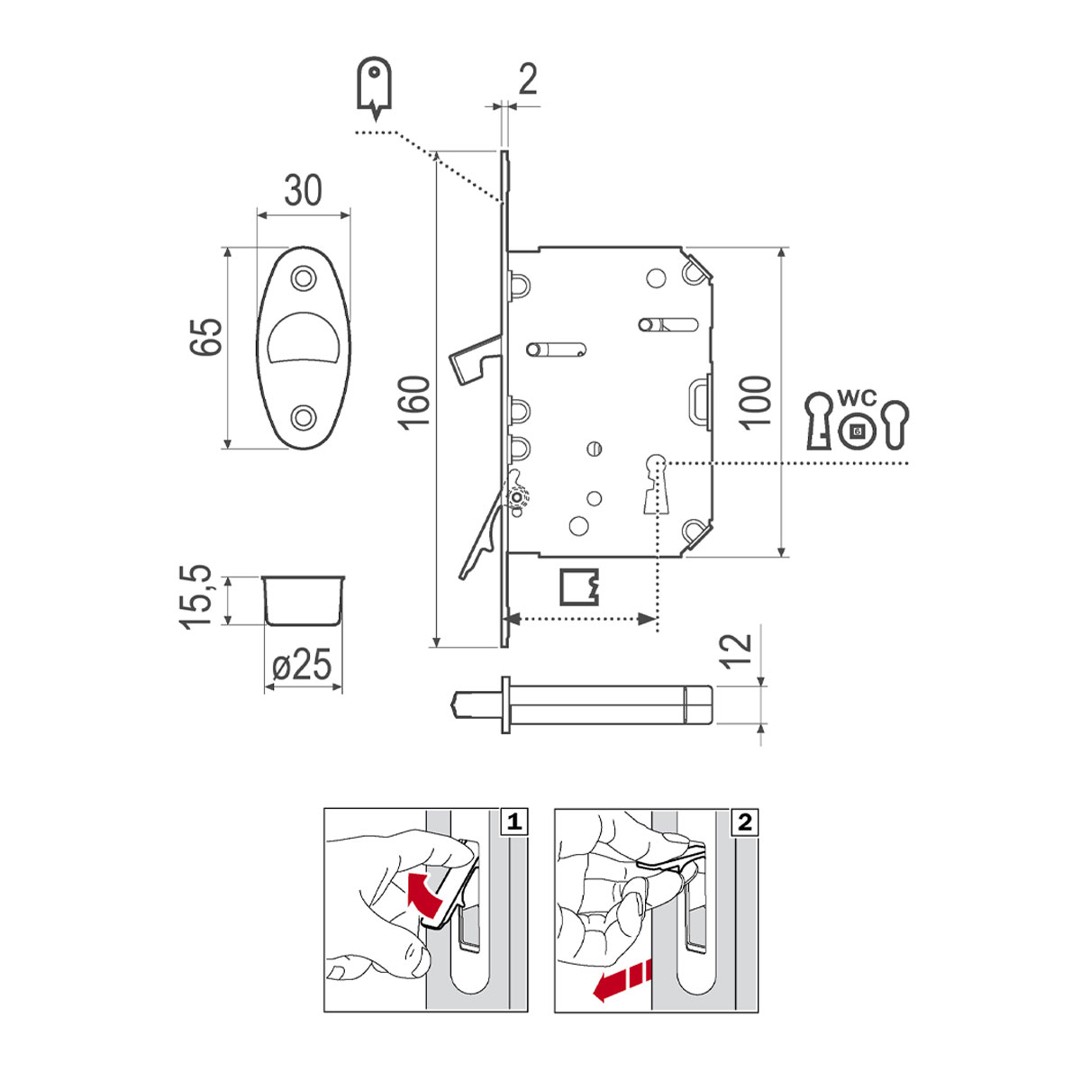 Mecanismo Scivola Tre para puerta corrediza, función baño, color negro