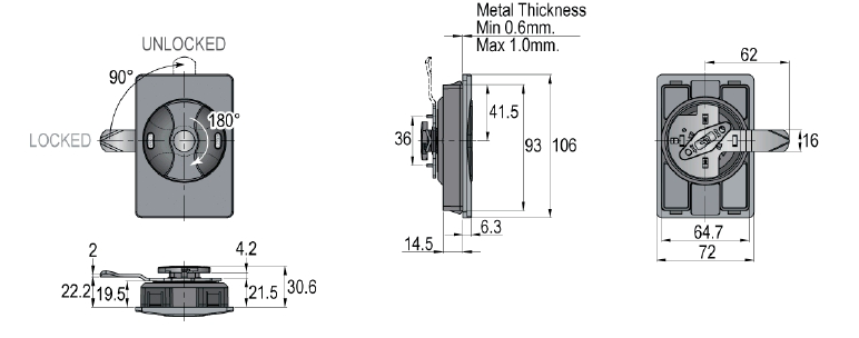 Cerradura para mueble metálico con indicador, pestillo RECTO, acabado negro