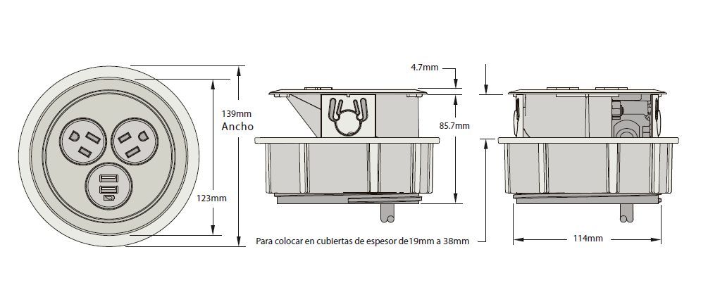 Multicontacto ECLIPSE con 2 puertos eléctricos y 1 USB de carga dúplex