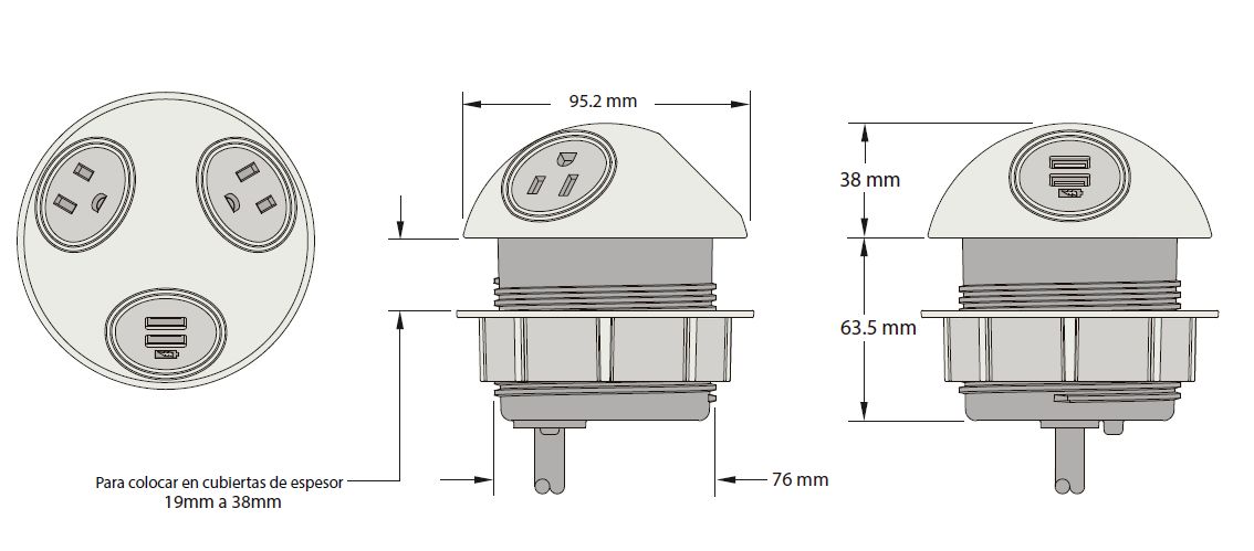 Multicontacto HEMISPHERE con conexión eléctrica y entrada USB para dispositivos móviles