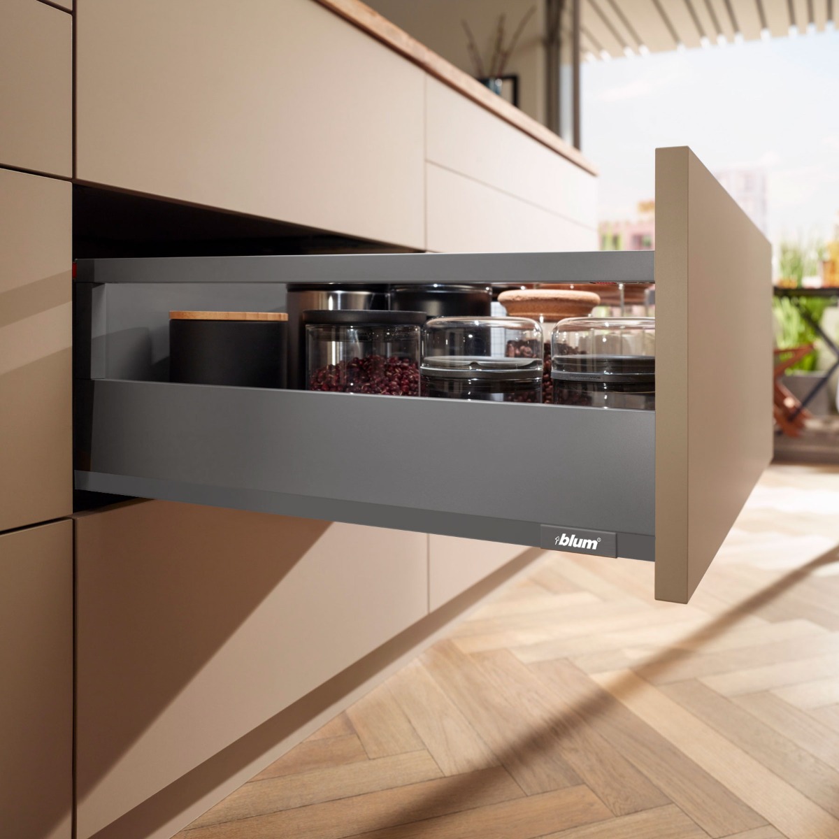 Cajón MERIVOBOX con galería altura E (192 mm), color gris orión mate