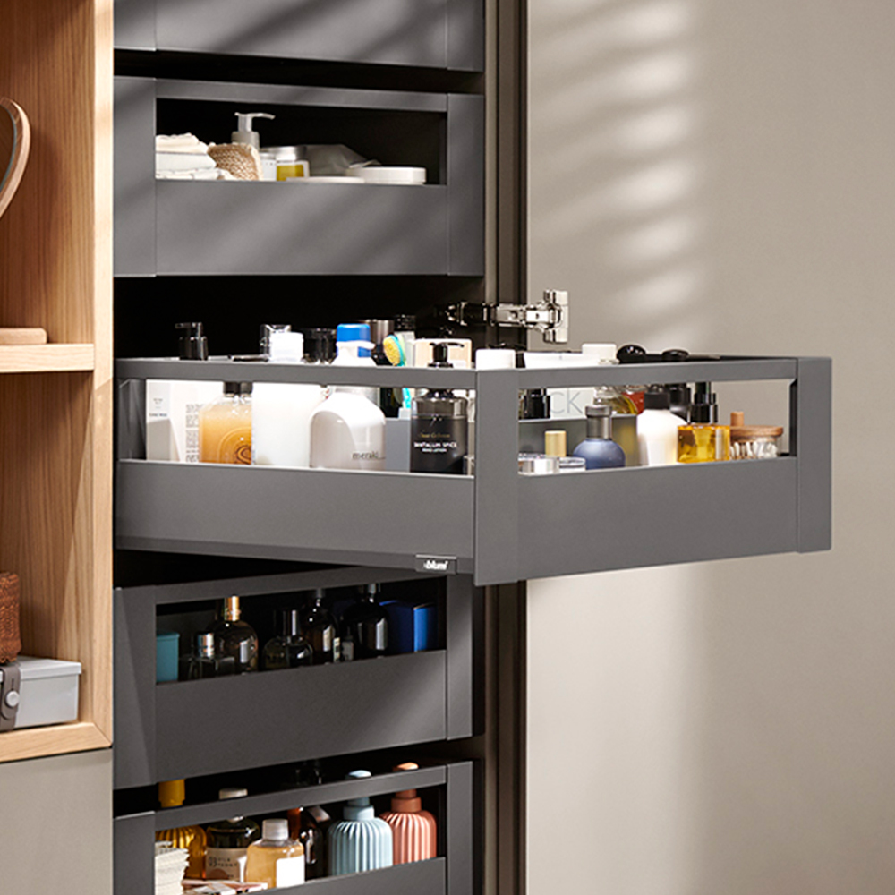 Cajón interior MERIVOBOX con galería y galería frontal, altura E (192 mm), color gris orión mate
