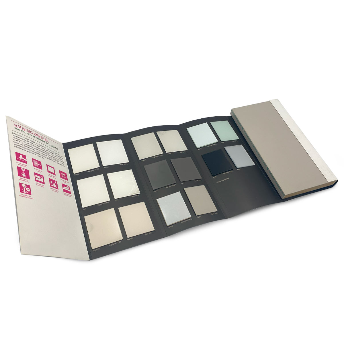 Muestrario tipo Booklet de RAUVISIO CRYSTAL con muestra de tablero