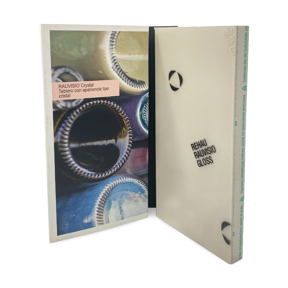 Muestrario tipo Booklet de RAUVISIO CRYSTAL con muestra de tablero