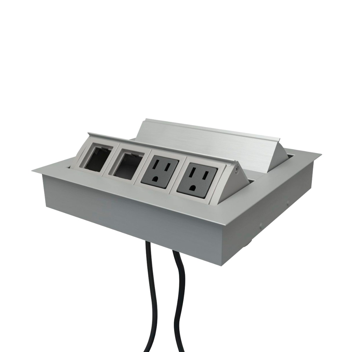 Multicontacto M2X, con 2 puertos eléctricos y 2 puertos vacíos por cada lado, retráctil, acabado aluminio. Hasta agotar existencias.