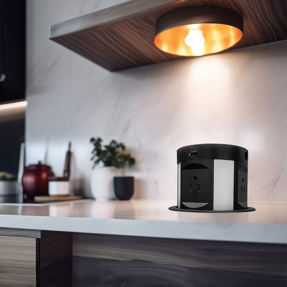 Multicontacto de torre TA 120, 4 sockets, 2 puertos USB A, 2 puertos de conexión CAT 6 y cargador por inducción, color negro