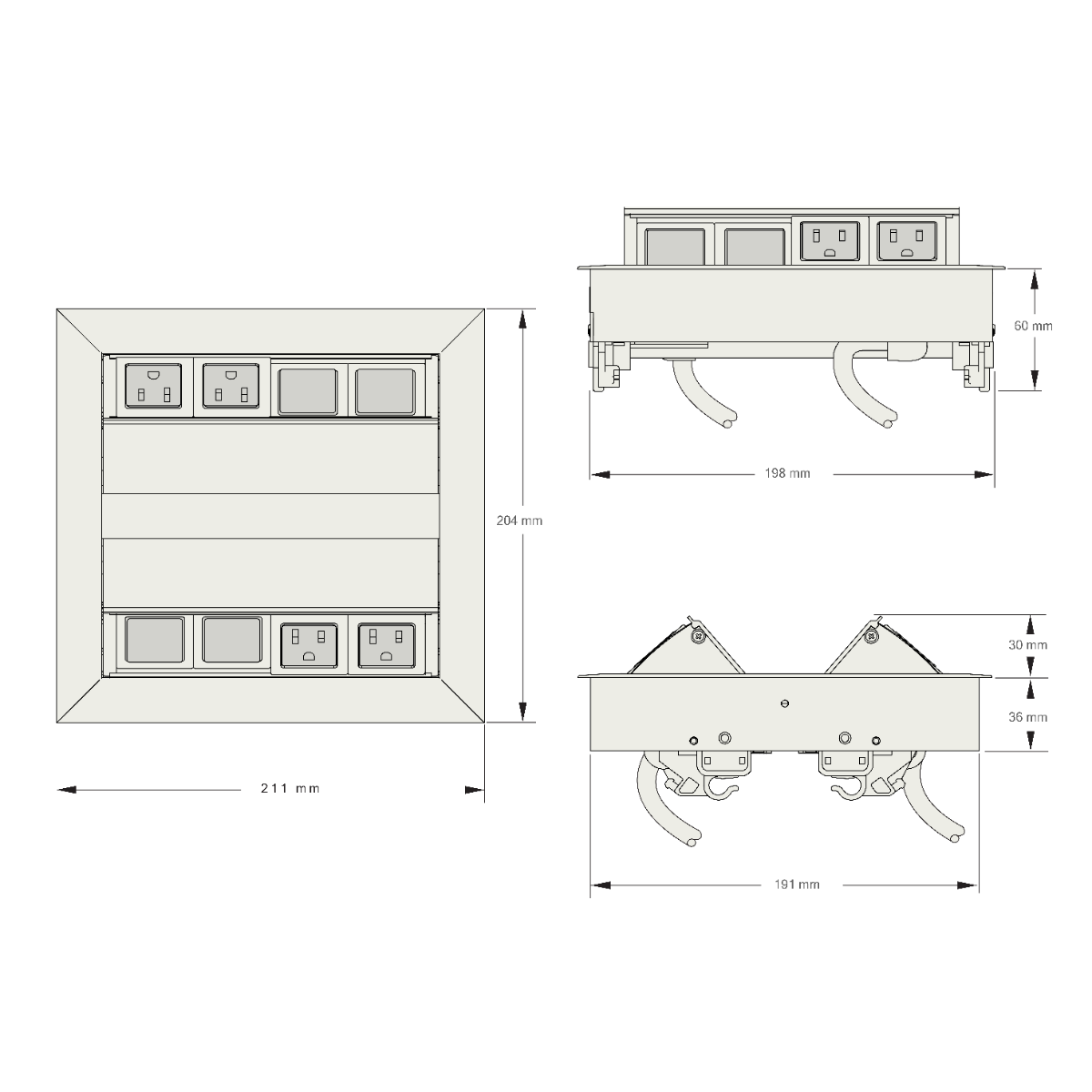 Multicontacto M2X, con 2 puertos eléctricos y 2 puertos vacíos por cada lado, retráctil, acabado aluminio. Hasta agotar existencias.