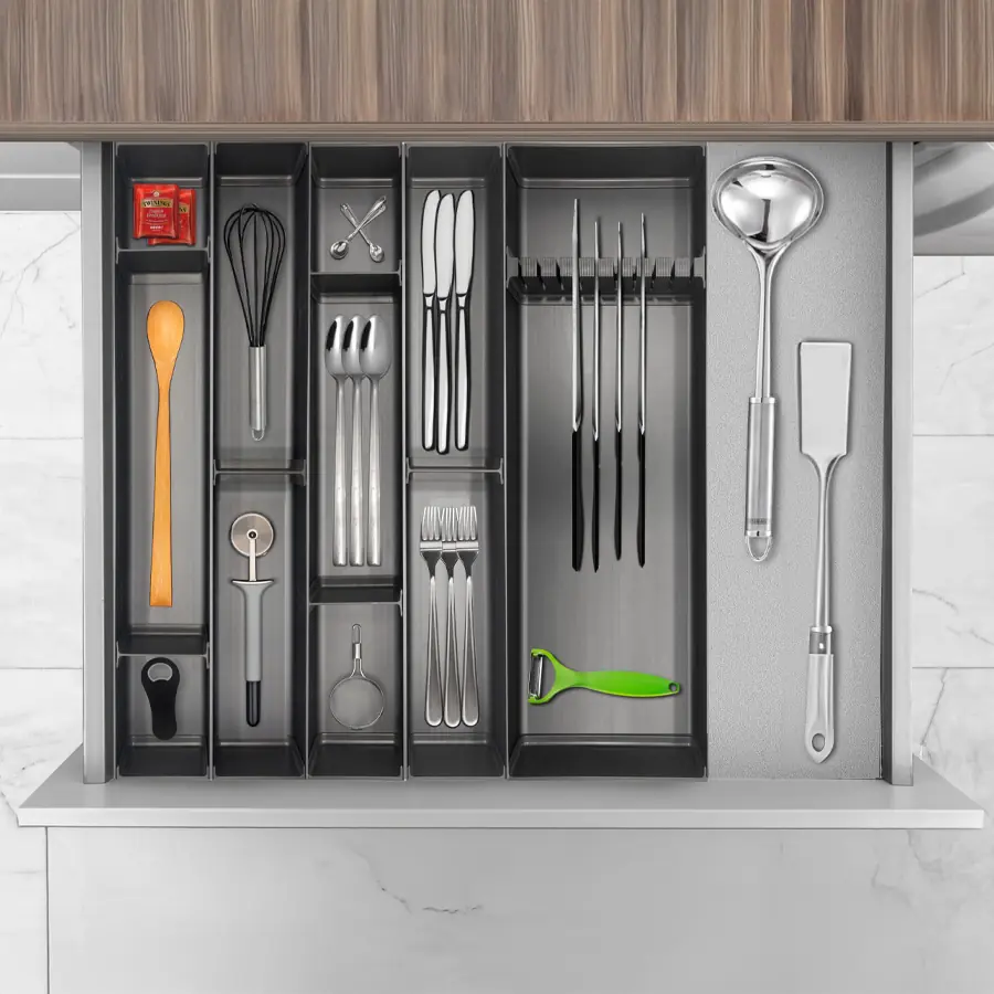 Cubertero REVEAL doble para cajón con 3 divisiones, de 472mm x 150mm, acabado aluminio anodizado antracita