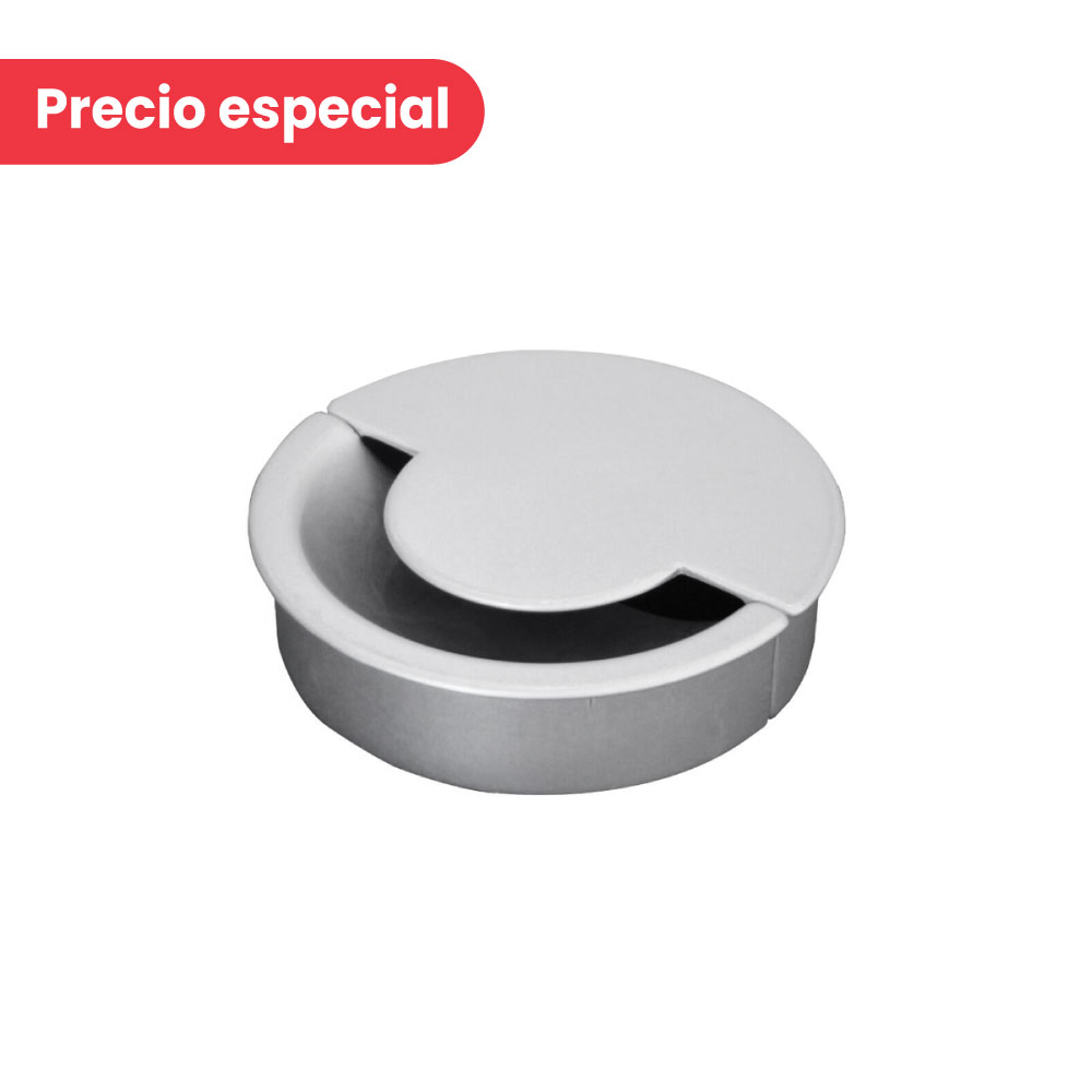 Pasacables circular para embutir en mesa o escritorio, metálico, Ø80mm, acabado plateado