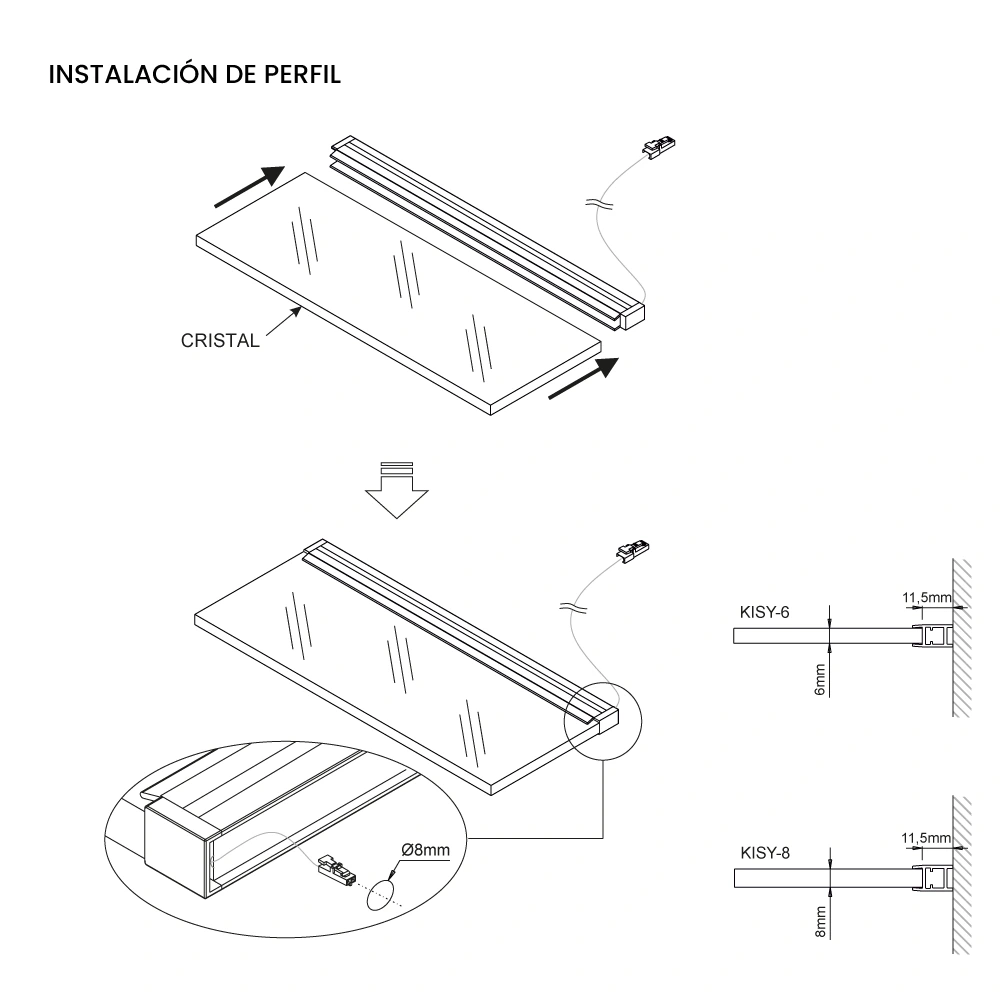 Perfil de aluminio KISY para entrepaño cristal, acabado negro con blanco