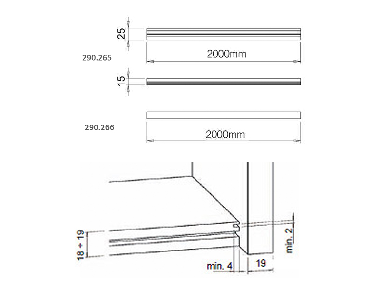 Perfil de aluminio para fijación de perfil SKYLINE, medida 2000 mm