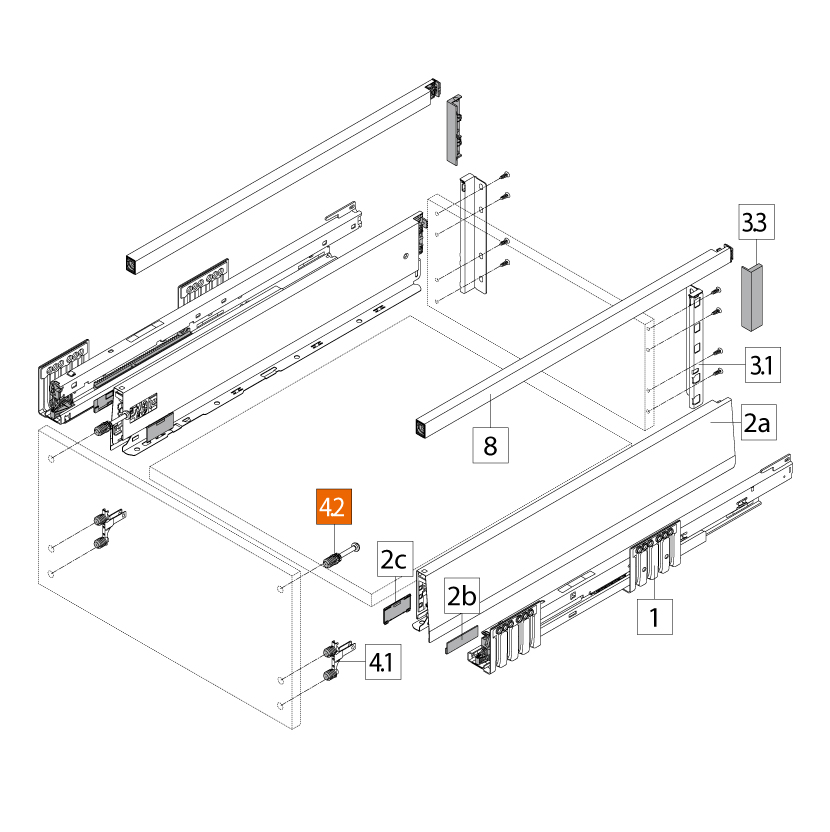 Pieza de fijación frontal para cajón MERIVOBOX / Galería-BOXCOVER-BOXCAP, versión INSERTA