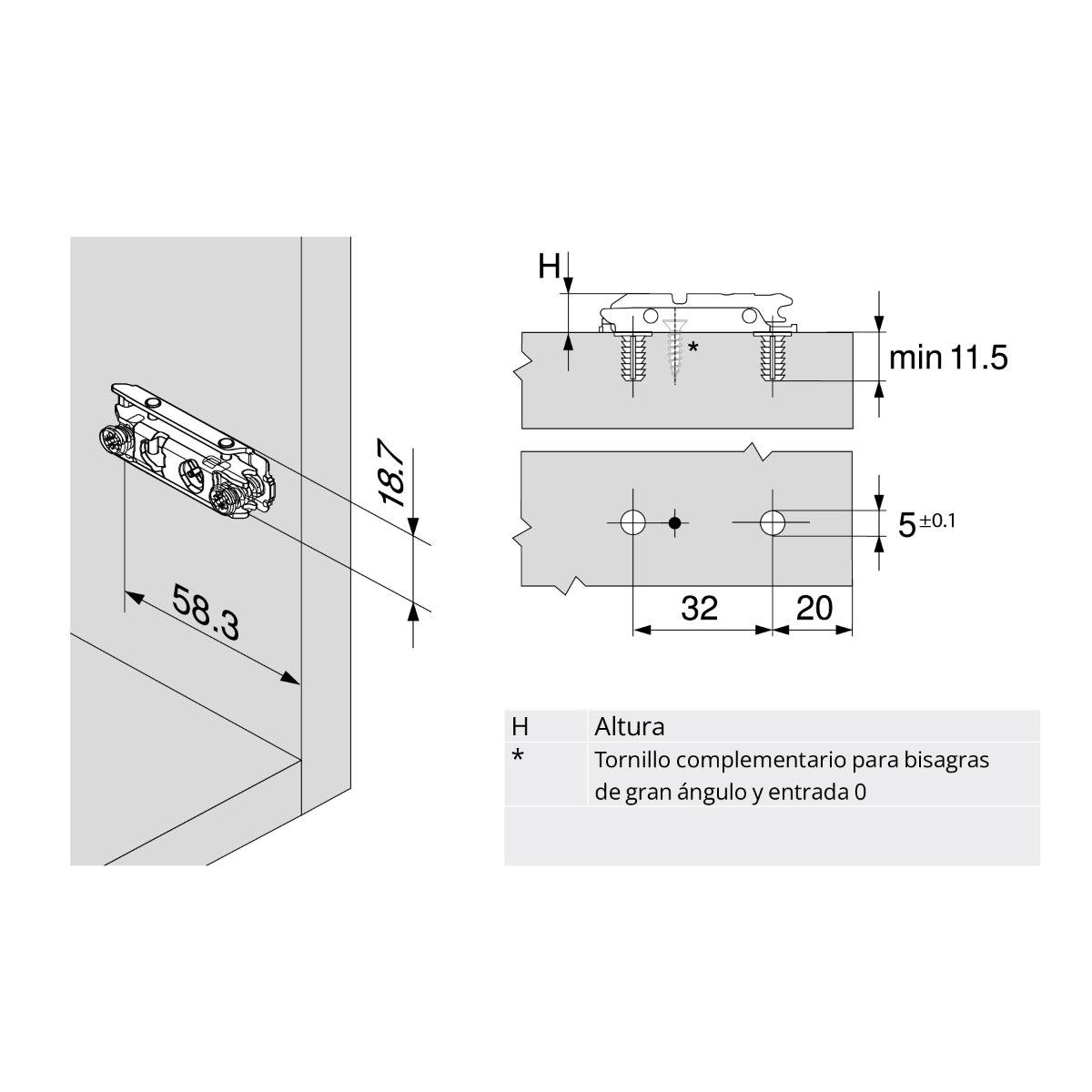 Placa de montaje recta para bisagra CLIP/HK-S, taquete expansivo de 5mm, ajuste excéntrico