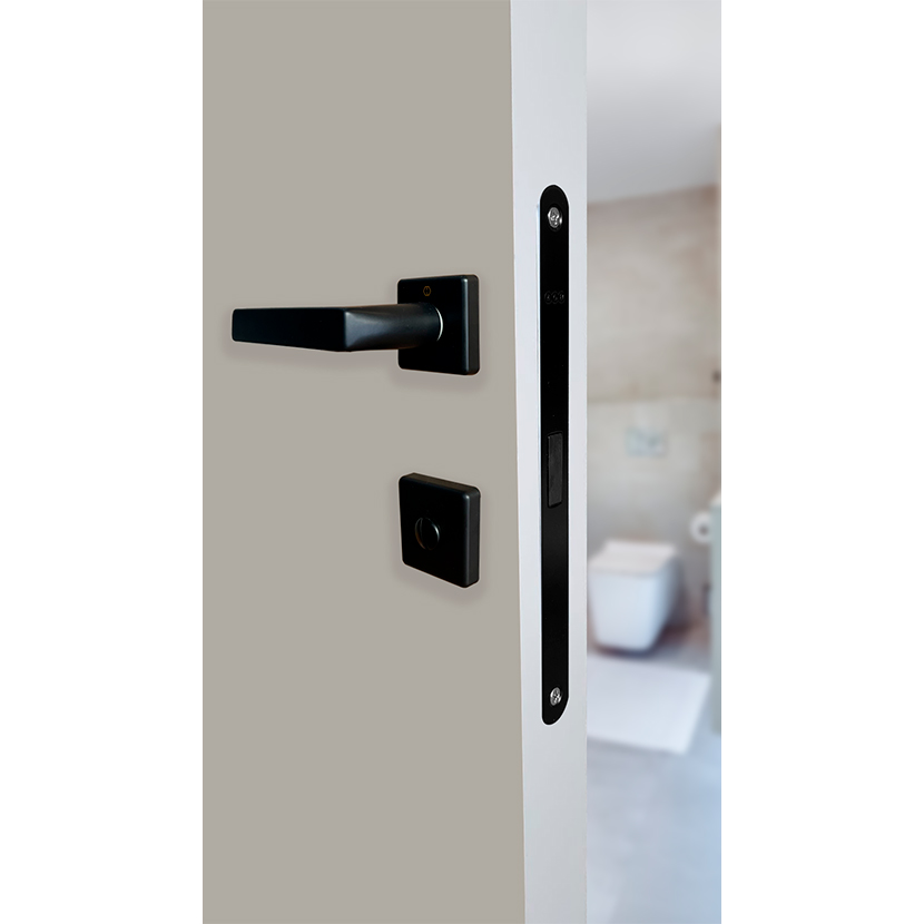Set de manija DALLAS y cerradura POLARIS para puerta de baño, acabado negro mate