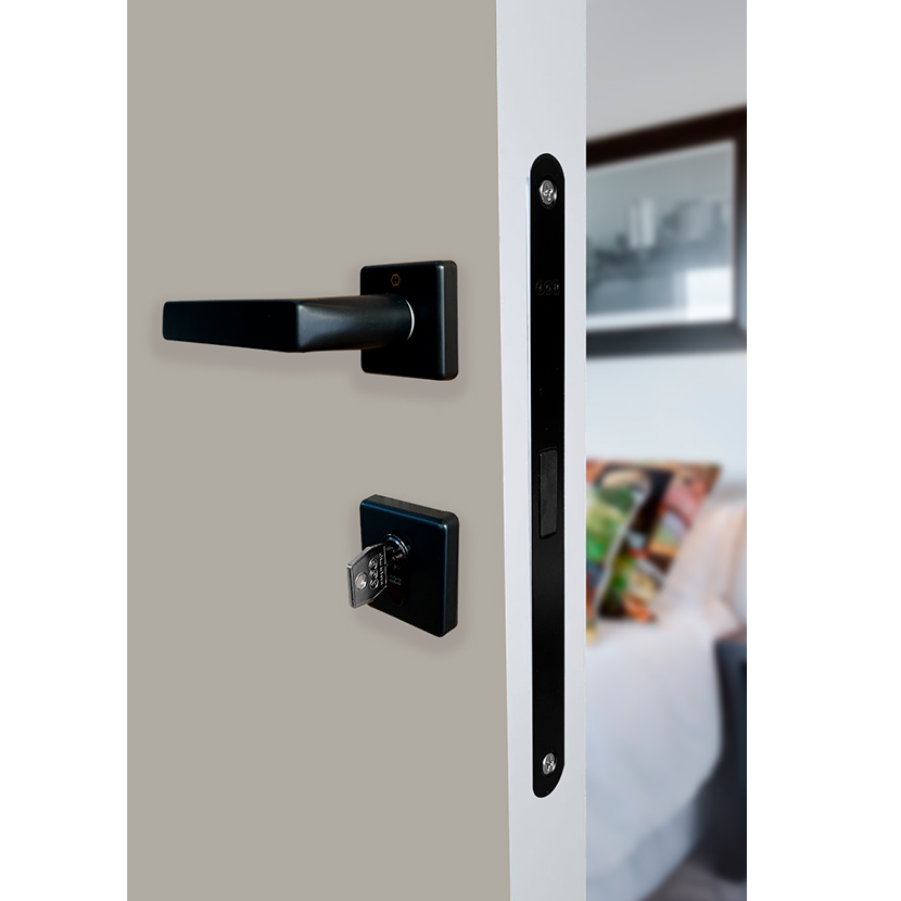 Set de manija DALLAS y cerradura POLARIS para puerta de recámara, acabado negro mate