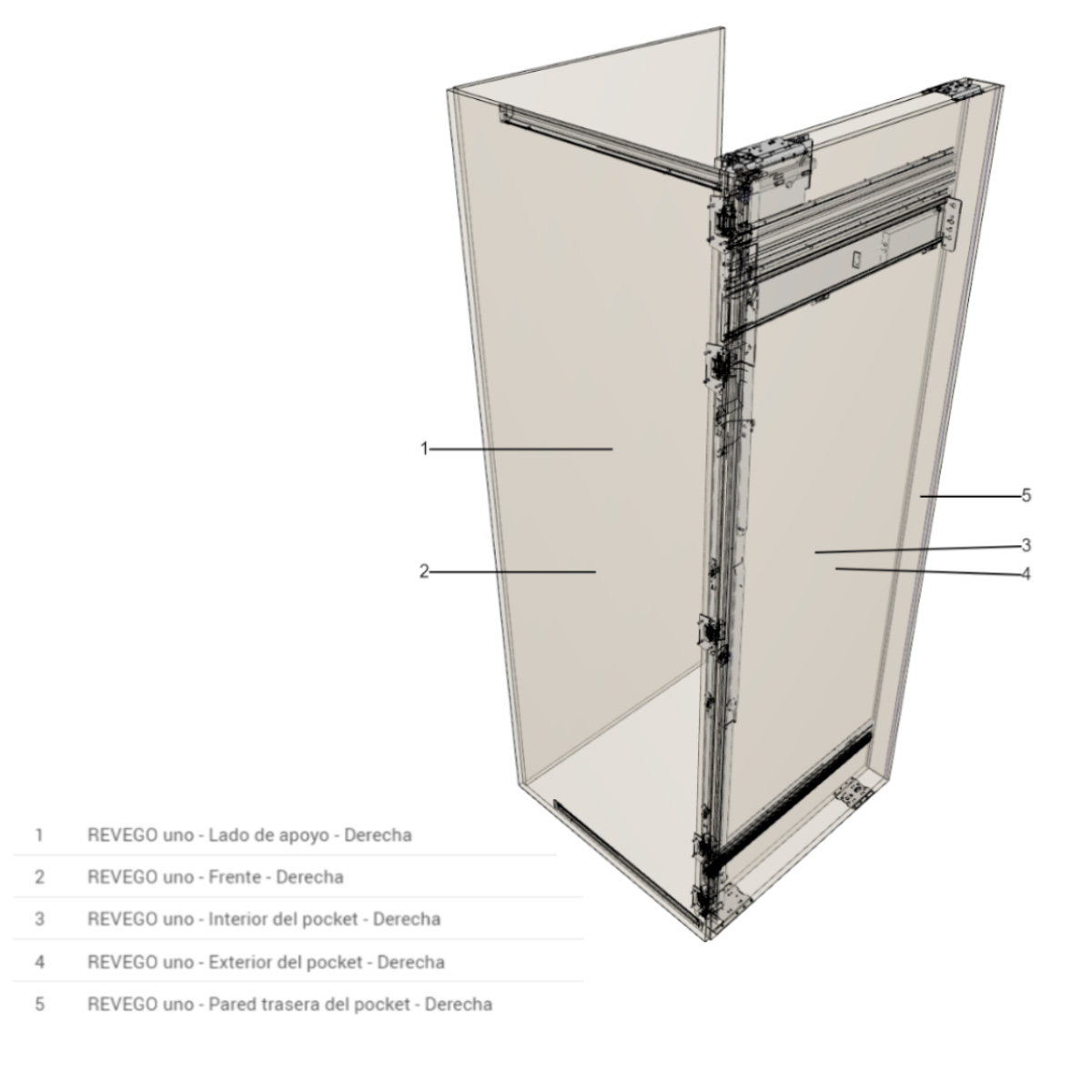 Sistema corredizo REVEGO UNO para puerta plegable e insertable, lado derecho