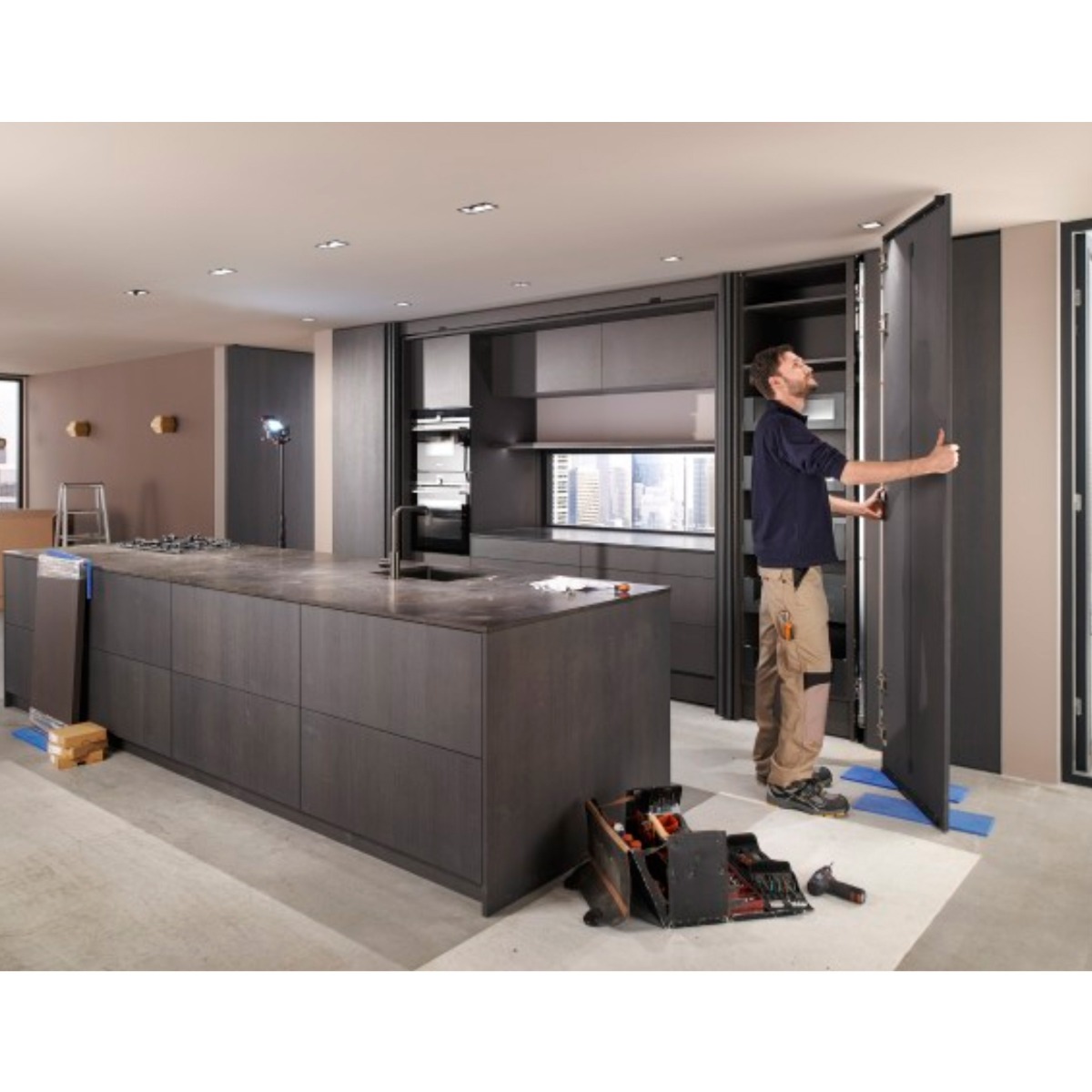 Sistema corredizo REVEGO UNO para puerta plegable e insertable, lado derecho