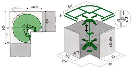 Giratorio para esquina REVO 90 para gabinete de cocina