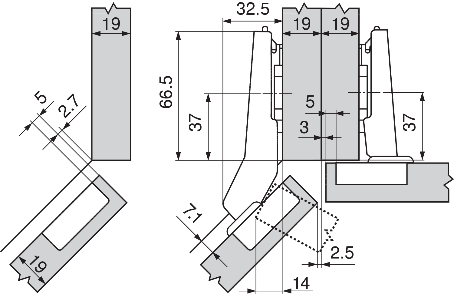Bisagra CLIP top mueble de 45, apertura 110°, con muelle, taquete Ø8 mm, montaje a presión