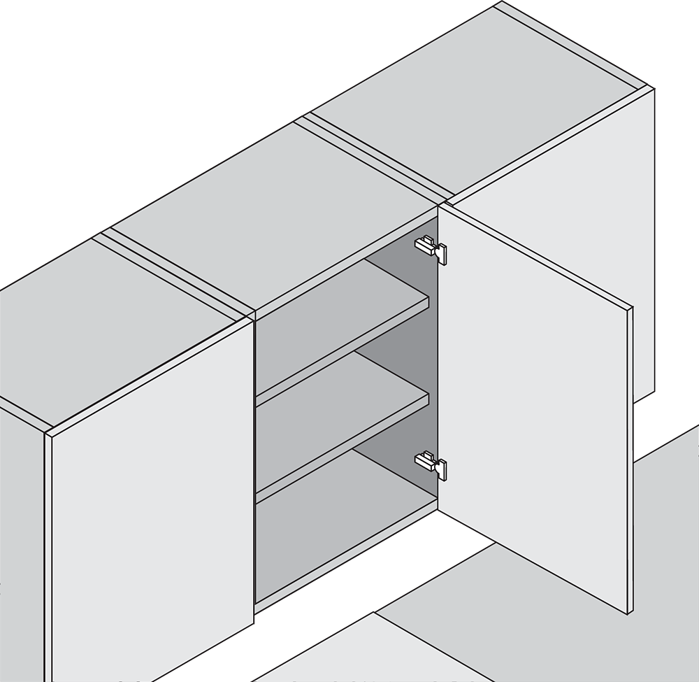 Bisagra MODUL 100 grados, cubrimiento total, con muelle, taquete Ø8mm montaje a presión