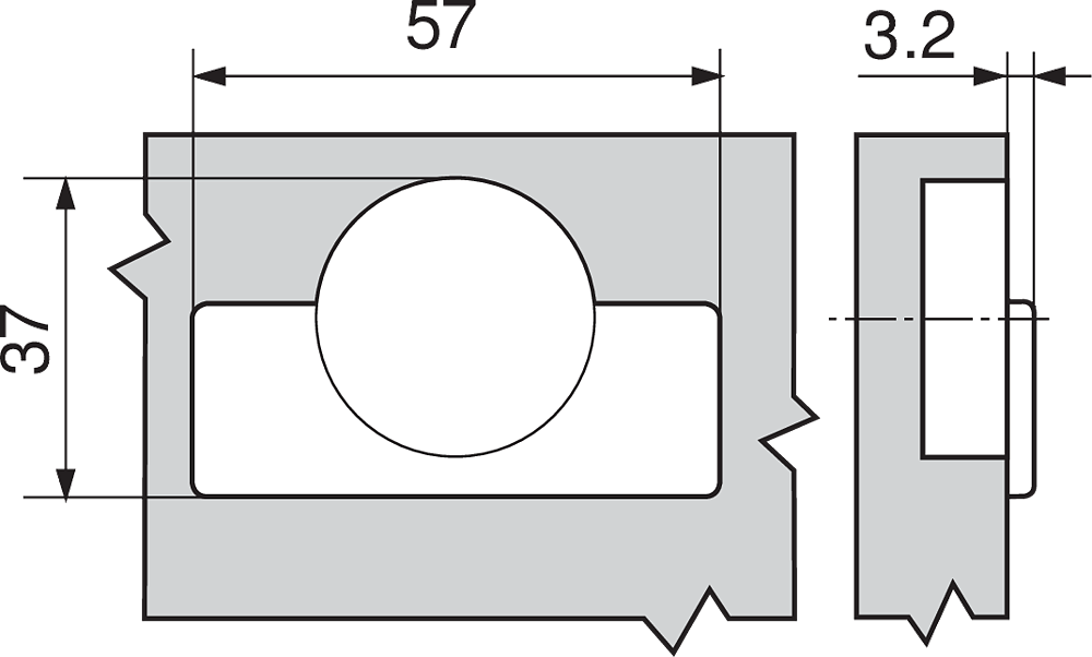 Bisagra MODUL 100 grados, cubrimiento total, con muelle, taquete Ø8mm montaje a presión