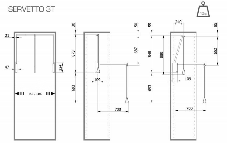 Mecanismo Colgador SERVETTO 3T, extensión de 750 a 1100 mm, capacidad de carga 10 kg, color blanco