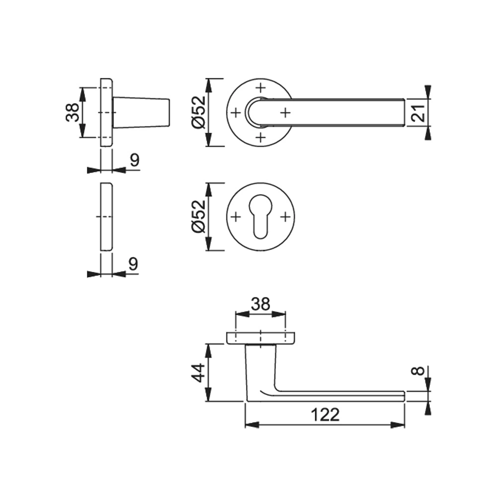 Manijas LOS ANGELES Resista® para recámara, para espesor de 62-74mm, acabado latón satinado