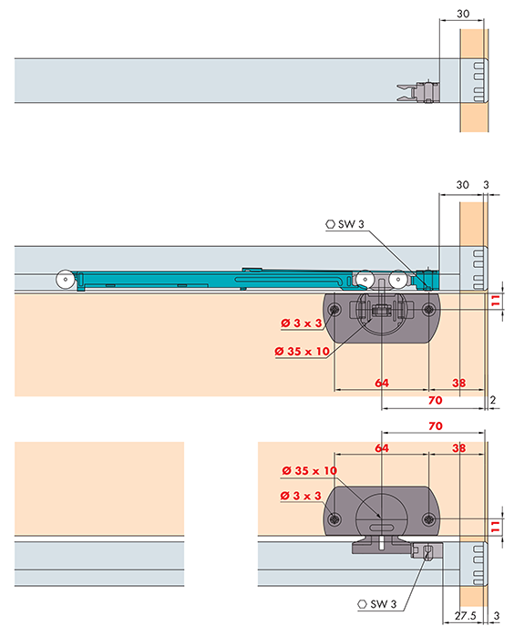 Sistema corredizo REGAL A 25 H FS de diseño frontal, para 1 puerta de madera
