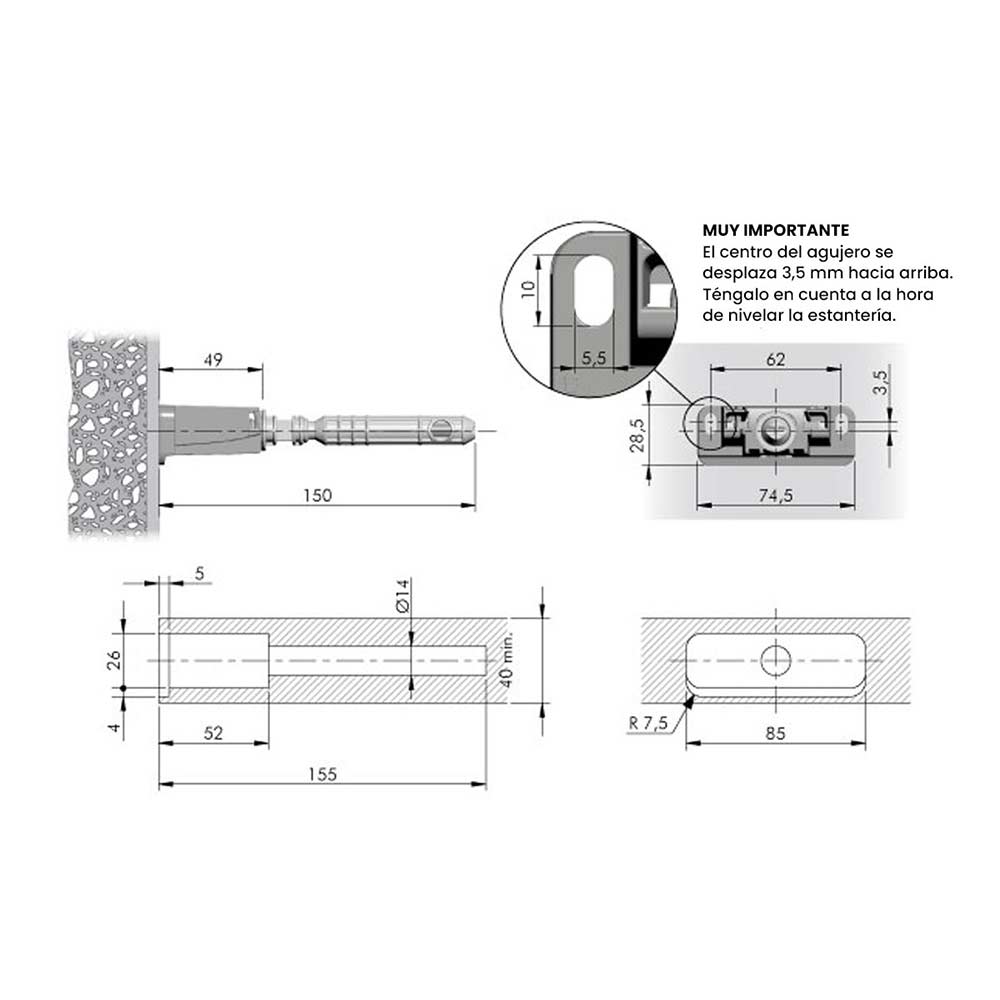 Soporte oculto para entrepaño TRIADE MAXI