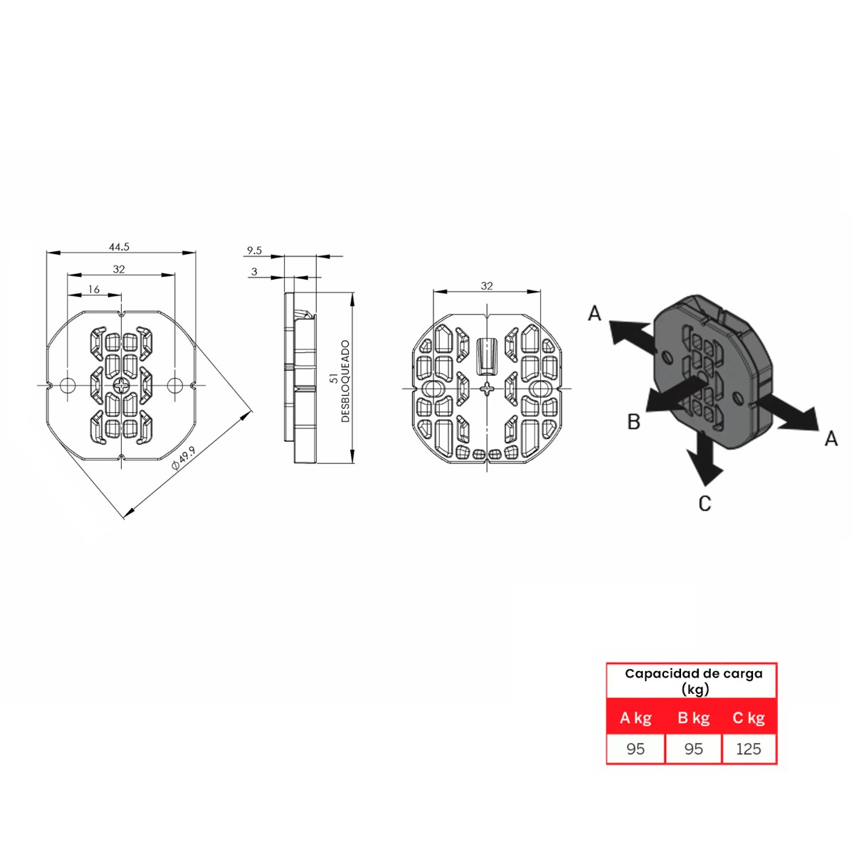 STRIPLOX CLIP 50 para fijación de repisa o mueble pequeño, Ø 49.5mm, color negro