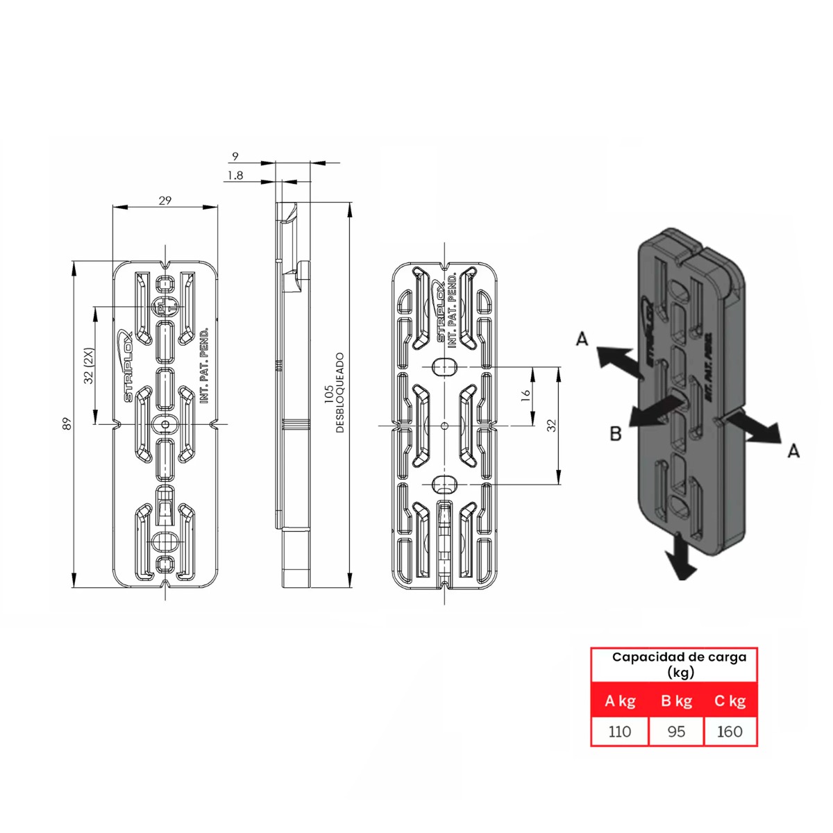 STRIPLOX PRO 23 para fijación de muebles, largo 83mm, color negro