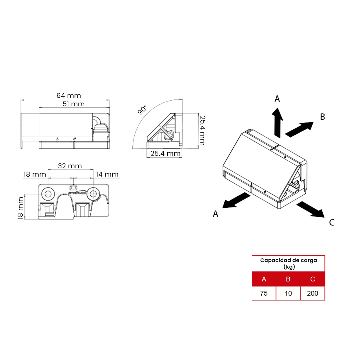 Sistema de unión STRIPLOX 90D Mini , largo 51 mm, color negro