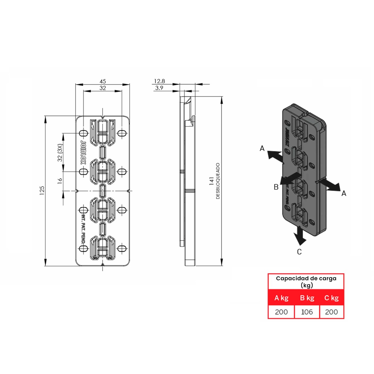 STRIPLOX PRO 55 para fijación de muebles, largo 126mm, color negro