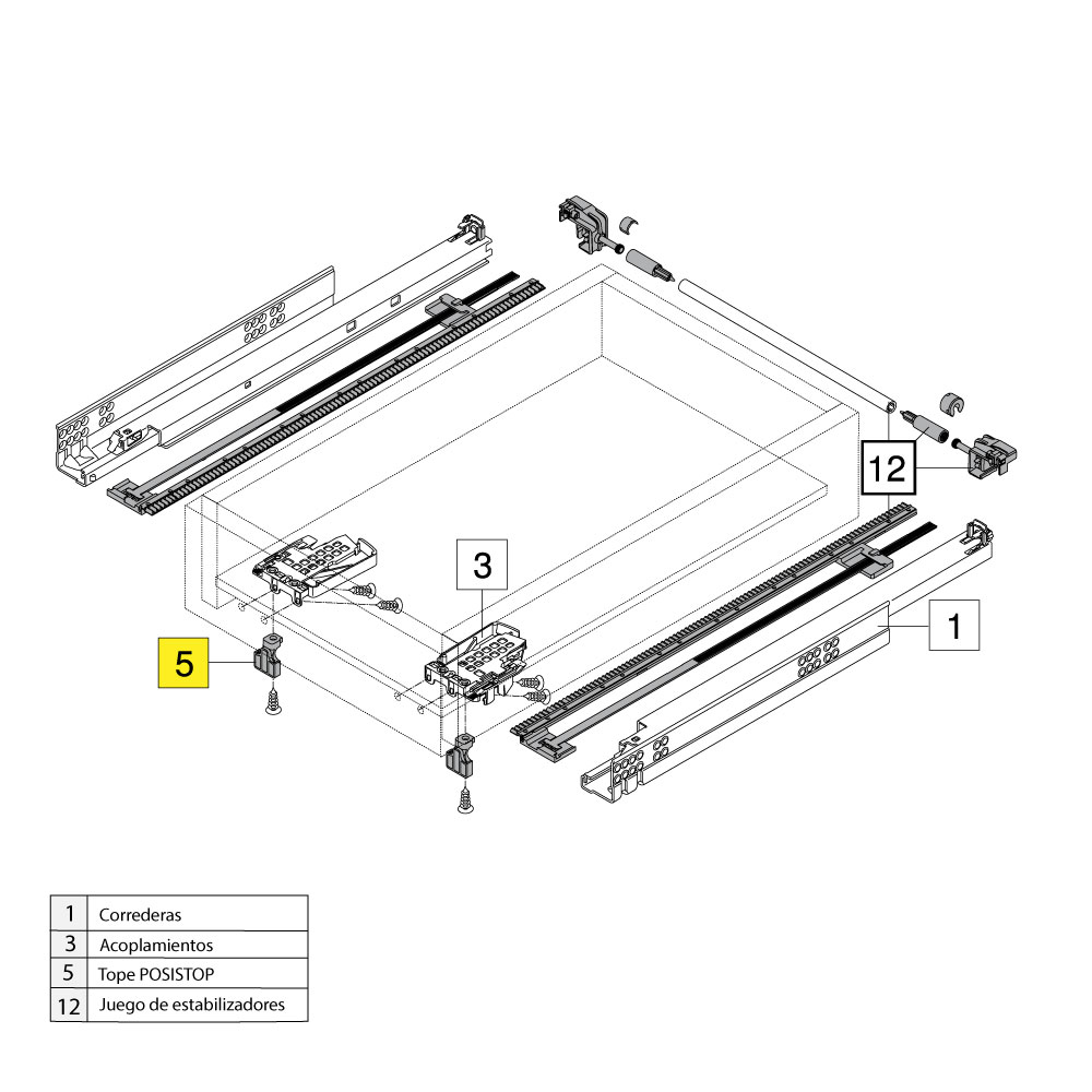 Tope de profundidad POSISTOP para cajón interior TANDEM sin TIP-ON, acabado gris polvo